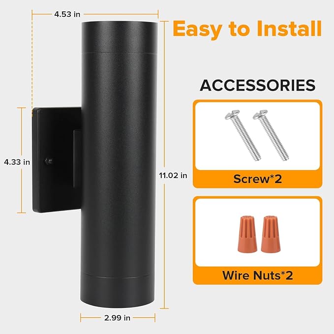 LUTEC Dusk to Dawn Outdoor Wall Lights, 16W Integrated LED Cylinder Up-Down Sconce, 3000K Waterproof Aluminum Exterior Lighting, Matte Black Modern Porch and Entryway Wall Light Fixture, 2 Pack