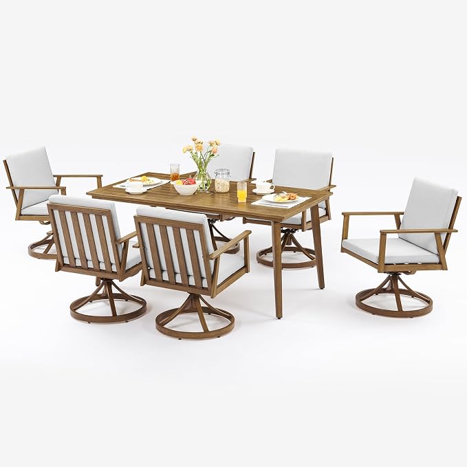 7 Pieces Patio Dining Set with 6 Swivel Chairs, Never-Rust Aluminum Outdoor Dining Set, Patio Swivel Dining Set with Thick Cushions, Outdoor Furniture Set for Deck, Garden, Yard, Teak