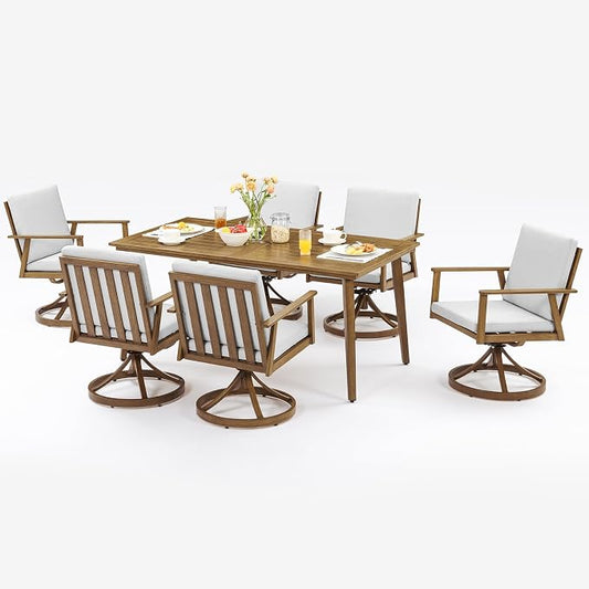 7 Pieces Patio Dining Set with 6 Swivel Chairs, Never-Rust Aluminum Outdoor Dining Set, Patio Swivel Dining Set with Thick Cushions, Outdoor Furniture Set for Deck, Garden, Yard, Teak