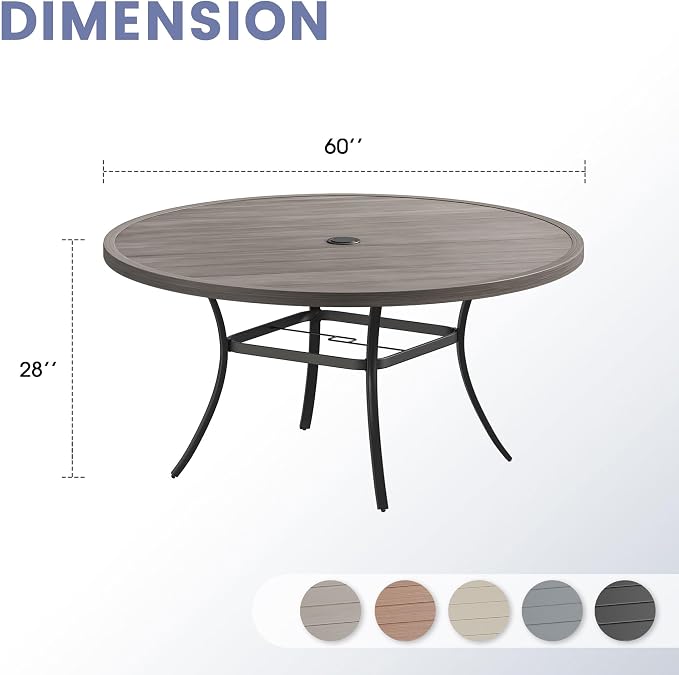 VICLLAX 60" Round Patio Table, Outdoor Dining Table for 8-10 with Umbrella Hole for Garden Lawn Deck Backyard, Antique Grey