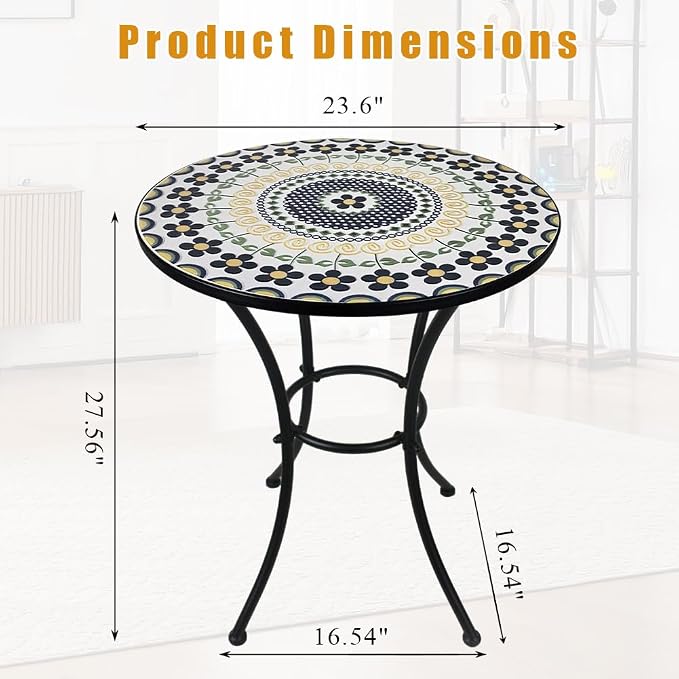 23.6" Outdoor Patio Mosaic Round Table Garden Bistro Accent Table | Ceramic Tile Waterptoof Side End Table Metal Frame Dining Table Furniture for Balcony Backyard Porch Poolside Terrace