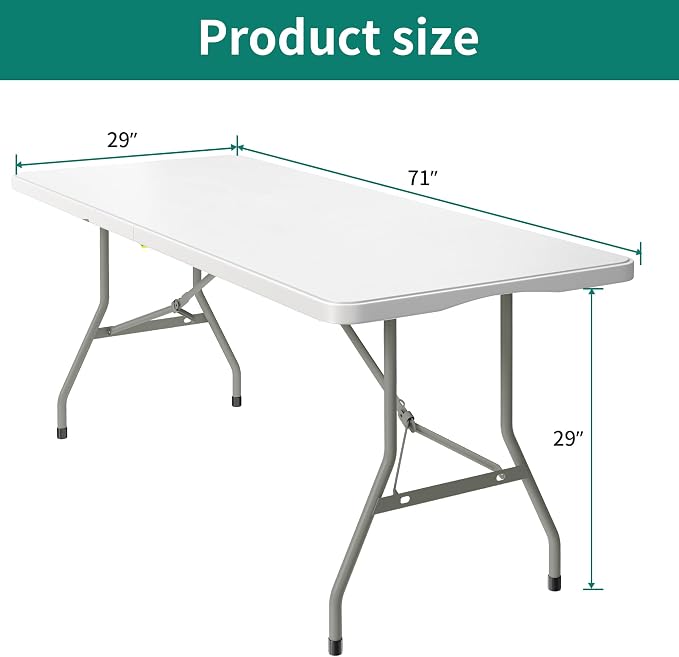 YITAHOME Heavy-Duty 6ft Folding Table with Handle, Portable Rectangle Folding Table for Easy Storage, Ideal for Outdoors Camping, Picnics, Parties & Indoor Events, White