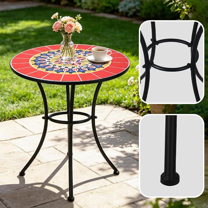 24 Inch Mosaic Patio Round Side Table with Ring Curved Legs Indoor and Outdoor Accent End Table for Yard, Garden, Living Room, Bistro, A - Red Mandala