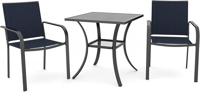 Anmutig 3-Piece Outdoor Dining Set, Small Metal Bistro Table with 2 Stackable Sling Chairs, 27.5 x 27.5 Inch Square Table, Blue Fabric