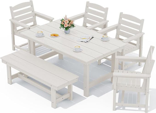 SERWALL 6 Pcs HDPE Dining Set, Includes 1 Table, 1 Bench & 4 Chairs, White | Outdoor Dining Set with Bench, All-Weather Resistant SERWALL Dining Set for patio