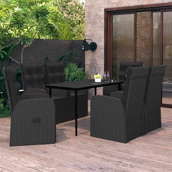 7 Piece Patio Dining Set with Cushions, Black PE Rattan Outdoor Dining Table and 6 Reclining Chairs, Glass Top Wicker Furniture Set for Garden Yard Backyard