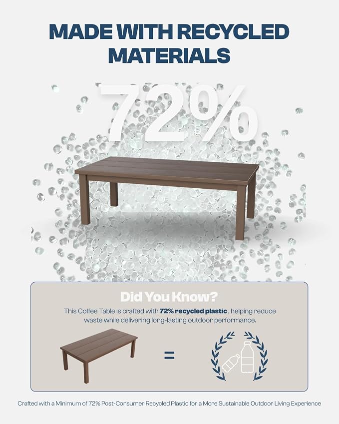 43.9" HDPE Outdoor Coffee Table (Brown) | All-Weather HDPE, Easy Assembly, Low-Maintenance, Large Tabletop, For Patio Deck Poolside Backyard Use