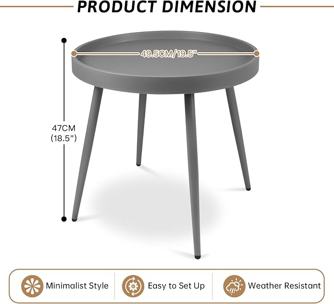 Small Outdoor Side Table - Round Metal End Table with PP Desktop & Anti-Fall Fence - Mini Coffee Table for Small Spaces - Versatile Outdoor End Table for Patio, Couch, Bedside - Gray