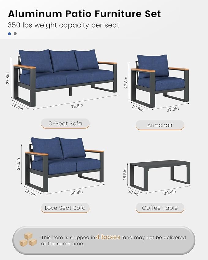 Aluminum Patio Furniture Set, 5 Piece Metal Outdoor Furniture Set with 6″ Thick Washable Cushions & Coffee Table, All Weather Patio Conversation Sets for Yard, Poolside, Garden (Navy Blue)