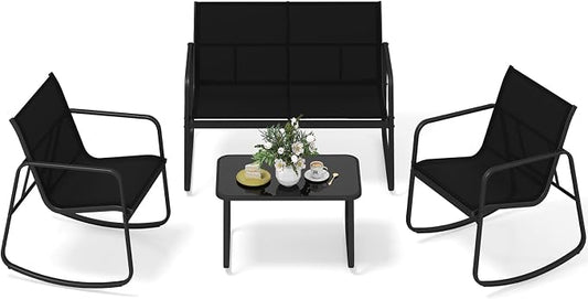 Tangkula 4 Piece Patio Furniture Set, Outdoor Rocking Bistro Set with 2 Rocking Chairs, Loveseat & Tempered Glass Coffee Table, Porch Rocker Chair Conversation Set for Balcony Poolside Garden