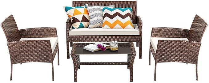 Tangkula Brown 4PCS Patio Rattan Furniture Converstation Set