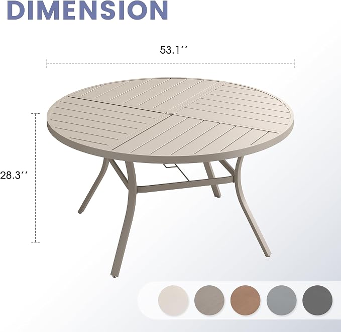 VICLLAX 53" Round Outdoor Table, Patio Dining Table for 8 with Umbrella Hole for Garden Lawn Deck Backyard, Sandshell