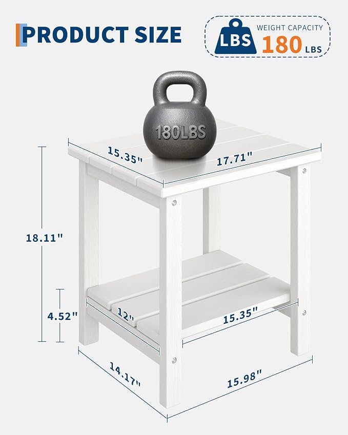 Takywep Adirondack Outdoor Side Table 18 x 15 in, HDPE 2-Tier Patio Side Table, All-Weather End Table for Patio, Pool Deck, Indoor & Backyard, Gray