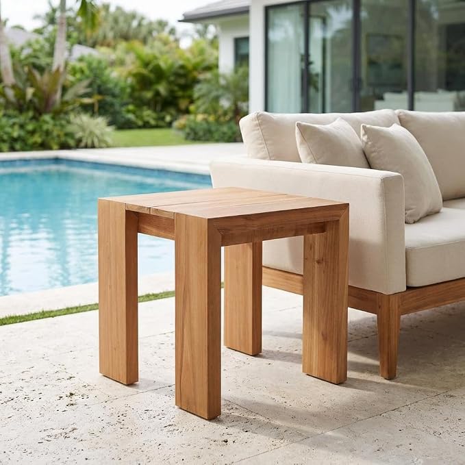 Green Teak Outdoor End Table, Weather-Resistant Finish, Sturdy Construction, Contemporary Design, Perfect for Patio and Garden