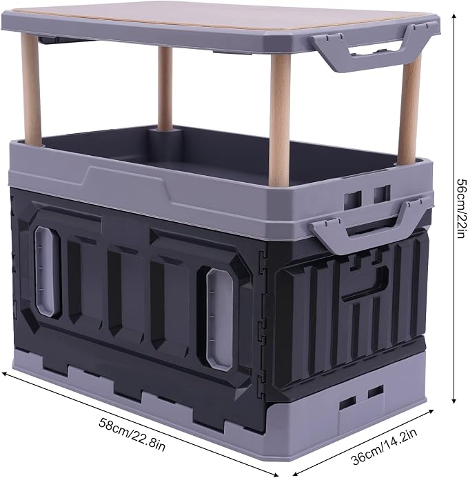 Storage Box, 3 Layers Raised 95 L Folding Table, Portable Foldable Stackable Food Container Box, Picnic Camping Outdoor BBQ Organizer Bins, Black&Grey