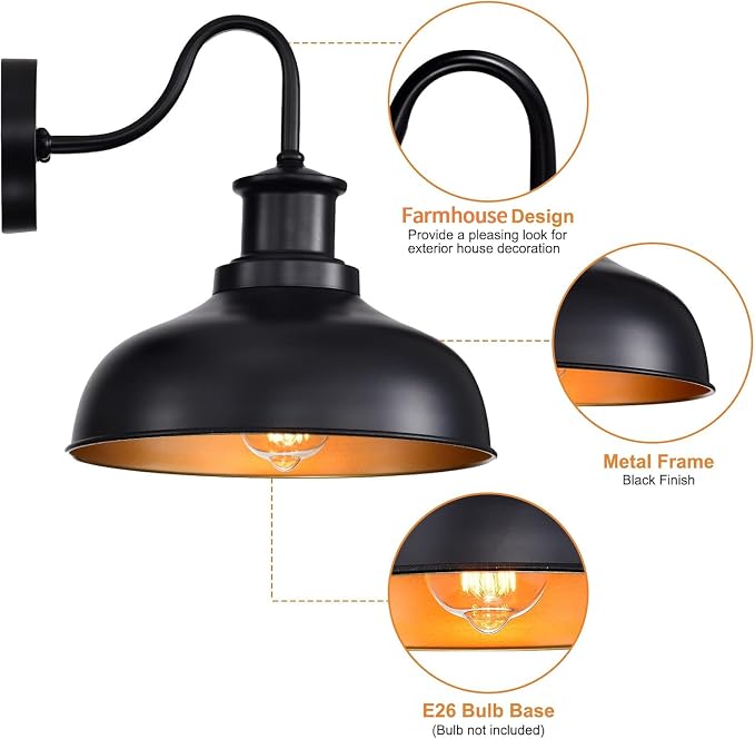 Outdoor Barn Lights, Farmhouse Outdoor Wall Sconces, Rustic Exterior Wall Mount Lights, Vintage Outside Lighting Fixtures, Industrial Black Gold Lanterns for Porch Garage Patio, 4 Pack