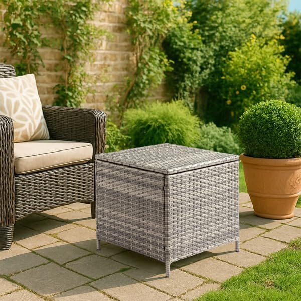 Outdoor PE Wicker Side Table with Storage, Patio Rattan End Table Square Container for Furniture Covers (Grey)