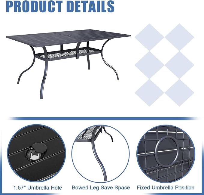 60" x 37" Patio Dining Table, Outdoor Rectangle Bistro Metal Table with Steel Slat Table Top for Porch Deck Garden Backyard Poolside, 1.57" Umbrella Hole, Black