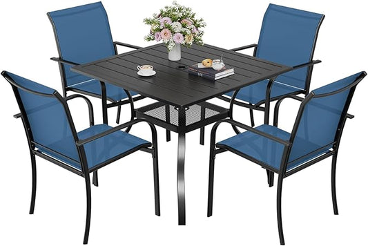 5-Piece Patio Dining Set,4 Person Outdoor Table and Chairs Set, 4 Metal Dining Chairs and Square Outdoor Table with 1.57" Umbrella Hole,Blue