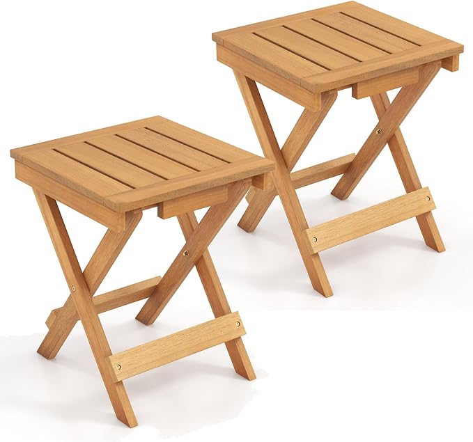 HAPPYGRILL Outdoor Folding Side Table Set of 2, Wood Square End Table with X-Shaped Legs, Slatted Tabletop, 14” Compact Outside Table, Portable & Lightweight Patio Coffee Table
