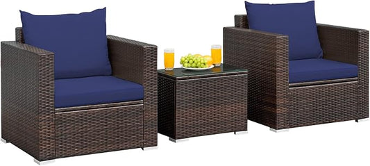 RELAX4LIFE 3-Piece Wicker Bistro Set - Outdoor Patio Rattan Sofa Set w/Washable Cushions & Tempered Glass Coffee Table, Conversation Furniture Set for Backyard, Porch, Garden & Poolside (Navy Blue)