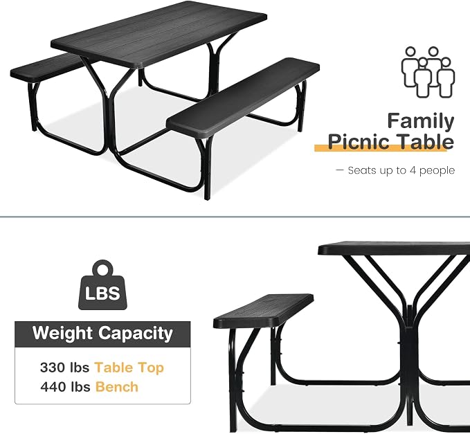 COSTWAY Outdoor Picnic Table, HDPE Plastic Picnic Table Bench Set with Weather Resistant Tabletop & Wood Texture, Ideal for Patio, Backyard (59" D x 54" W x 28.5" H,Black)