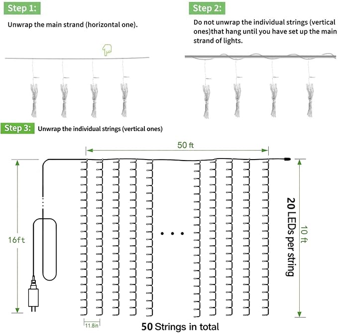 Solhice LED Curtain Lights Outdoor 50ft x10ft, 1000 LED Plug in Hanging String Lights Indoor Bedroom, Twinkle Light Backdrop for Outside Wedding Decor, Warm White (Not Connectable)