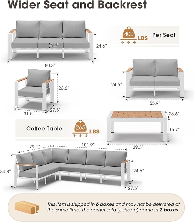 Aluminum Outdoor Patio Furniture Set, 11 Seats Patio Conversation Sets, Oversized Outdoor Sectional with Washable Thick Cushions & Coffee Table for Backyard, Garden and Poolside, White