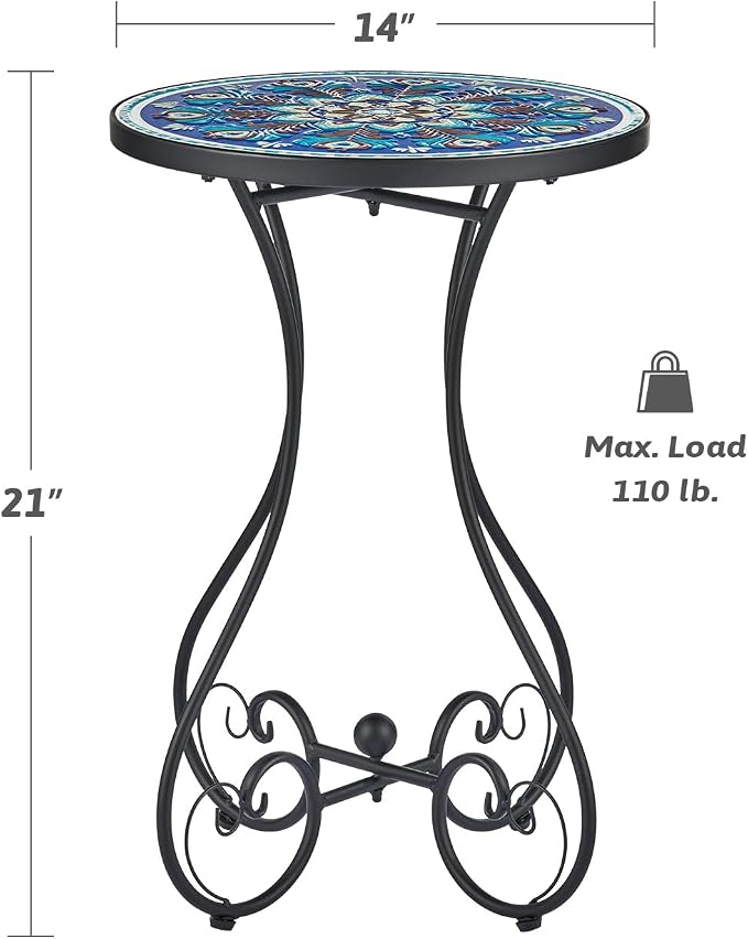 VONLUCE Outdoor Side Table and Mosaic Plant Stand, 21" Round End Table with 14" Ceramic Tile Top for Patio Porch Decor, Indoor & Outdoor Accent Table, Small Coffee Table for Home and Garden, Peacock
