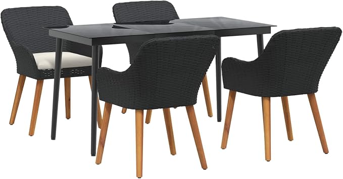 Garden Dining Set with Cushion 5 pcs Black Poly Rattan Outdoor Patio Furniture Table and 4 Chairs with Tempered Glass Top Weather Resistant for Backyard Deck Lawn Entertaining 970 lb Capacity