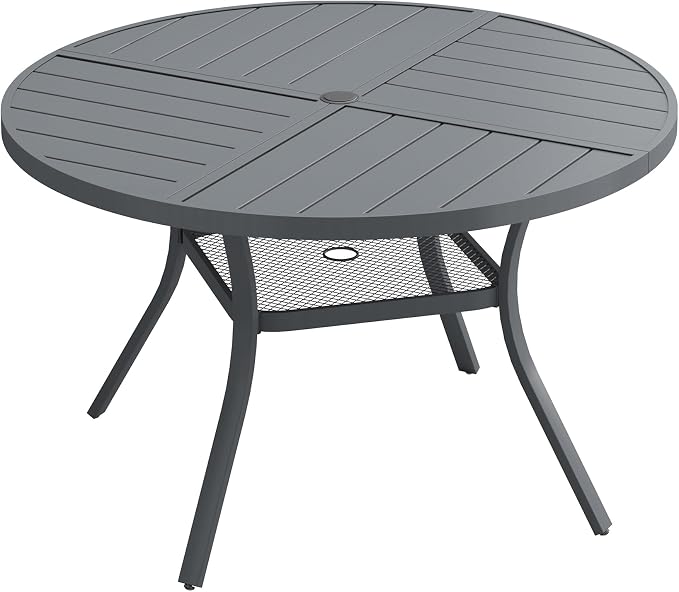 DIFY 40.6" Round Outdoor Patio Dining Table for 4, All-Weather Metal Steel Slatted Patio Table with 1.57" Adjustable Umbrella Hole, for Lawn Garden Porch Backyard, Grey