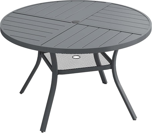 DIFY 40.6" Round Outdoor Patio Dining Table for 4, All-Weather Metal Steel Slatted Patio Table with 1.57" Adjustable Umbrella Hole, for Lawn Garden Porch Backyard, Grey