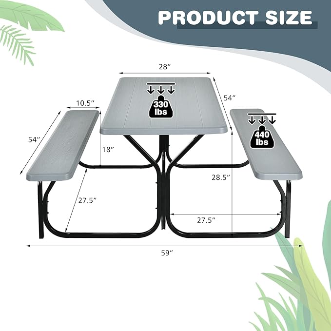DORTALA Plastic Picnic Table for Outdoors, All Weather Faux Wood Patio Picnic Table Set with Benches for Outdoor, Cafeteria and Commercial, Gray