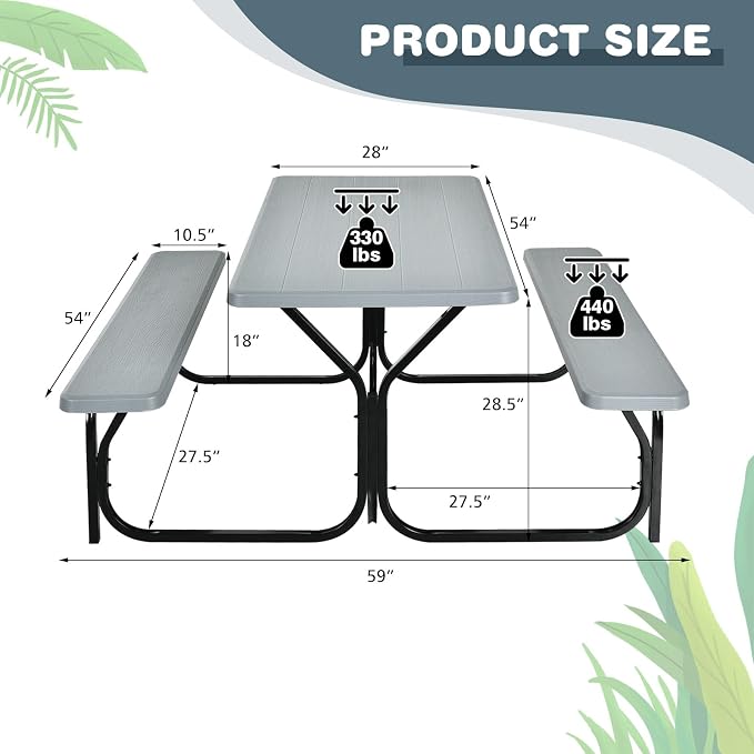 Tangkula Picnic Table Bench Set, Outdoor Picnic Table with 2 Benches, Metal Camping Table with Plastic Wood-Like Texture Tabletop & Steel Frame, Ideal for Picnic, Party, Garden, Lawn (Grey)