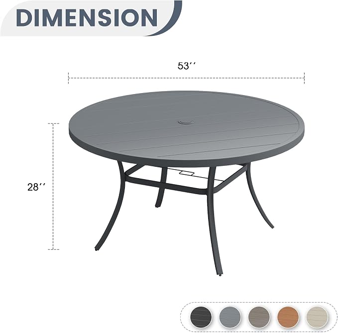 VICLLAX 53" Round Patio Dining Table for 6-8, Metal Outdoor Dining Table with Umbrella Hole for Garden, Patio, Balcony, Dark Grey