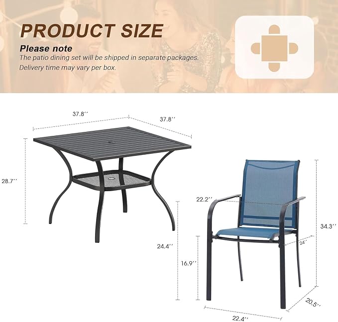 VICLLAX 5 Pieces Patio Outdoor Dining Set, 38" Square Metal Dining Table with Umbrella Hole and 4 Stackable Textilene Chairs for Patio, Lawn, Garden, Porch, Black/Dark Blue