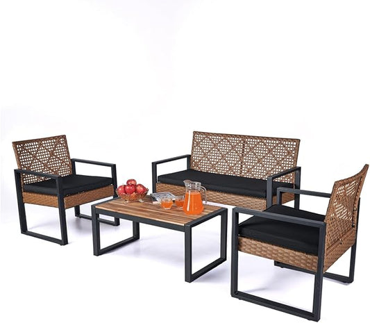 BEEFURNI Wicker Patio Furniture Outdoor Conversation Set of 4, Rattan Outdoor Furniture Set, Acacia Wood Table, 2 Chairs, 1 Loveseat, 2” Cushions, All Weather Set for Patio, Porch, Balcony (Brown)