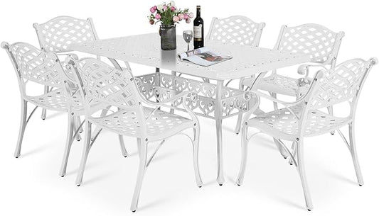 VIVIJASON 7-Piece Patio Furniture Dining Set, All-Weather Retro Cast Aluminum Outdoor Conversation Set, Include 6 Chairs and a Rectangle Table with Umbrella Hole for Balcony Lawn Garden, White