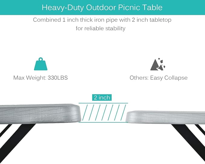 Picnic Table, Outdoor Table Bench Set with Metal Frame & Wood-Like Texture, Large Picnic Table with All Weather-Resistant Tabletop, Camping Picnic Tables for Patio, Lawn, Dining Party, Grey