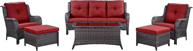 Rilyson Outdoor Patio Wicker Furniture Set - 6 Piece Rattan Patio Conversation Sectional Sofa Set with 1 Couch,2 Armchairs,2 Ottomans and 1 Glass Top Coffee Table for Porch Deck Garden(Brown/Red)