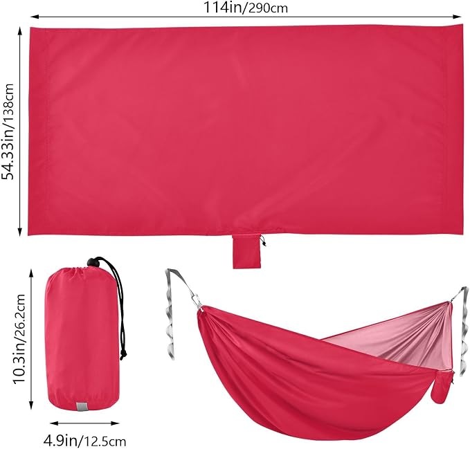 Pink Solid Color Camping Hammock, Portable Lightweight Single Hammock with Tree Straps and Aluminum Carabiners, 114" x 54" Travel Hammock for Hiking Backpacking Beach
