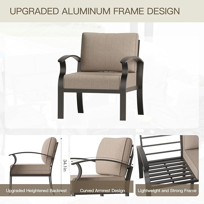 Aluminum Patio Furniture Set with Coffee Table,7 Seats Metal Modern Outdoor Furniture w/5.1" Thick Cushions, Sectional w/Swivel Chairs for Backyard,Sand