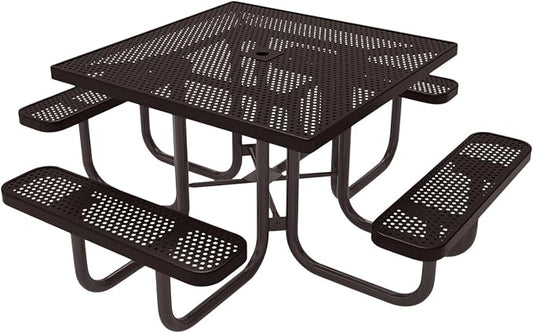 COATEDOUTDOORFURNITURE Heavy-Duty Portable Outdoor Picnic Table with Umbrella Hole, Punched Steel Commercial-Grade Patio Furniture Made in America (46" Square Top, Brown with Brown Frames)
