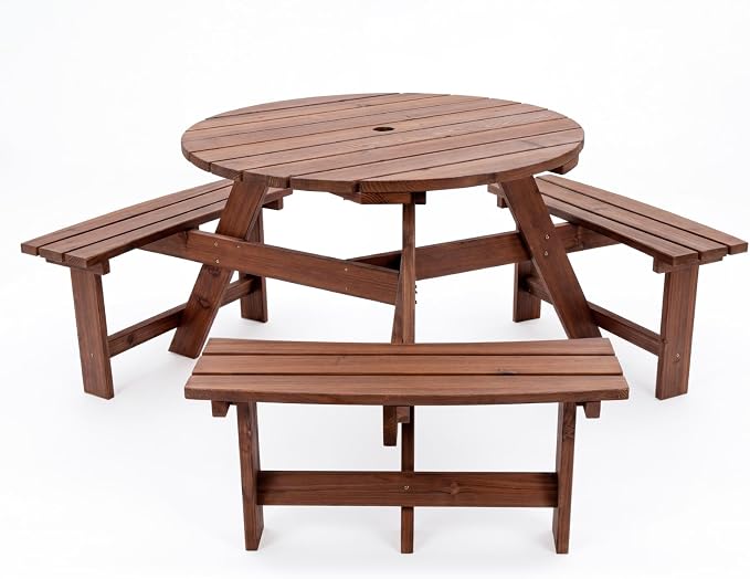 Garvee 6 Person Wooden Picnic Table, Outdoor Picnic Tables with 3 Built-in Benches, Circular Camping Dining Table and Chairs Set with Umbrella Hole for Garden, Patio, Backyard, Walnut Brown