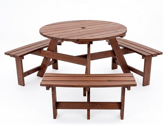 Garvee 6 Person Wooden Picnic Table, Outdoor Picnic Tables with 3 Built-in Benches, Circular Camping Dining Table and Chairs Set with Umbrella Hole for Garden, Patio, Backyard, Walnut Brown