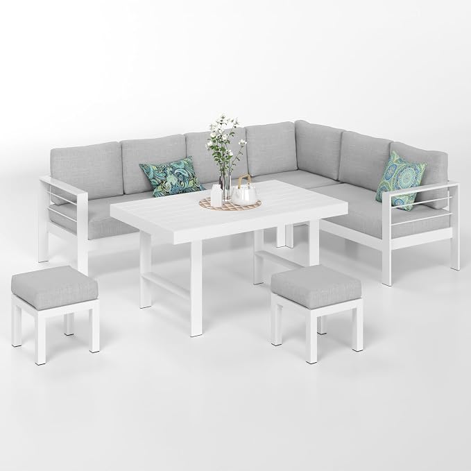 Solaste Aluminum Patio Furniture Set, Metal Patio Sectional Sofa with 2 Ottomans and Imitation Wood Tabletop Dining Table, Modern Outdoor Furniture Couch with Water-Resistant Cushion, White