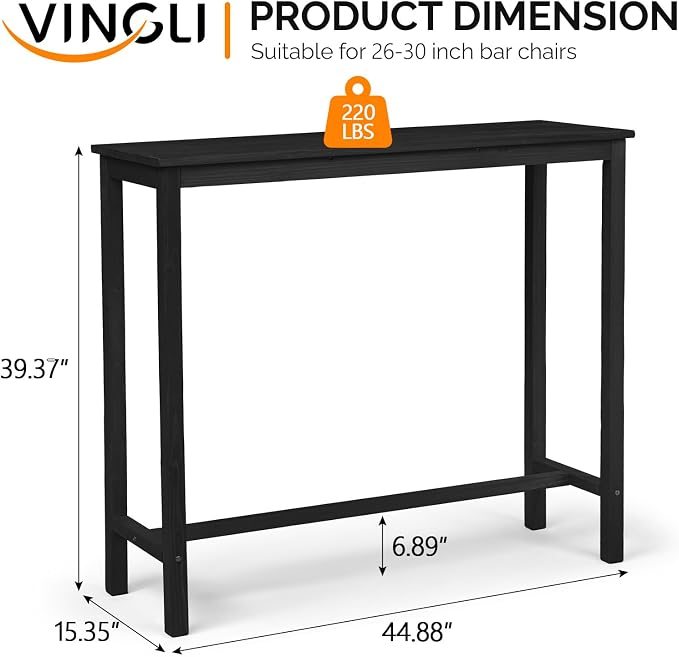 VINGLI Wooden Outdoor Bar Table, Wood Patio Counter Height Table, Weather-Resistant Patio Pub Table for Garden, Balcony, Poolside, Backyard, Indoor Use (Black, 45")