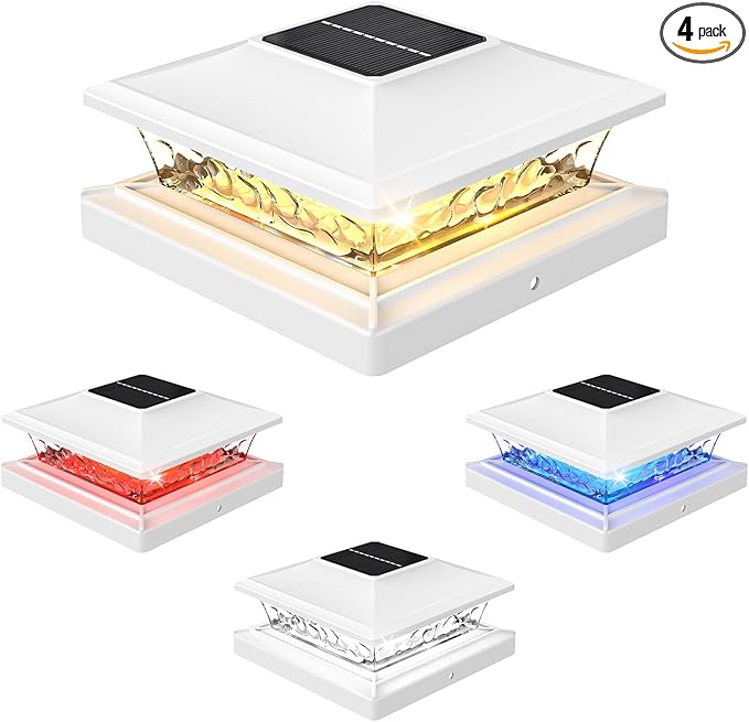 APONUO Solar Post Cap Lights with 8 RGB Solid Colors & Multicolor Flow - 4 Pack Fence Post Solar Lights, IP65 Waterproof - Fits 4x4 5x5 6x6 Wood & Vinyl Posts - White