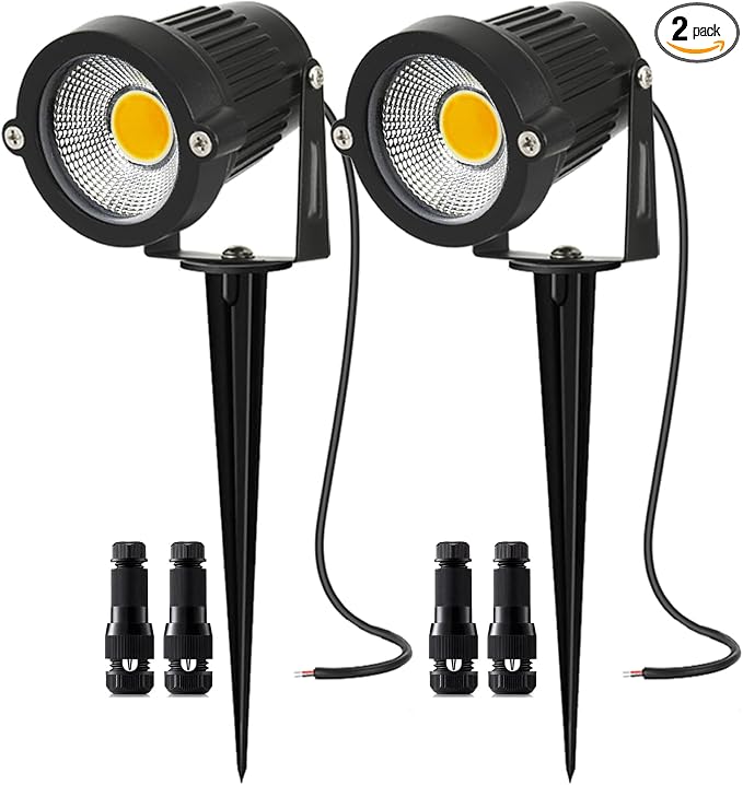 2Pack Low Voltage Landscape Lights LED 5W Landscape Lighting with connectors AC/DC 12V-24V Outdoor Spotlight IP66 Waterproof Tree Flag Lights Warm White Spotlights for Yard Garden Pathway