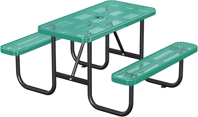 Heavy Duty Picnic Table with Umbrella Hole, Expanded Meta Outdoor Metal Patio Dining Table & Outdoor Bench Set, Steel Mesh Dining Furniture for Garden, Lawn, Patio (4FT Rectangular Table/ Green)